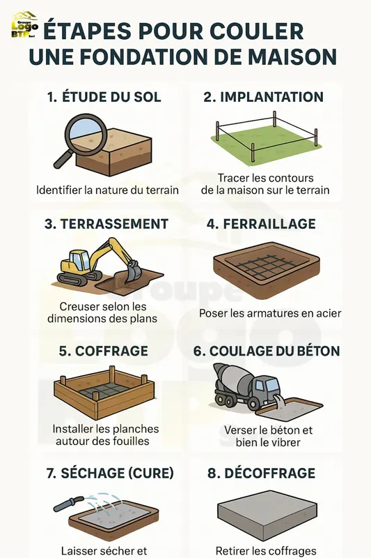 Infographie Groupe Logo BTP : les 8 étapes pour couler une fondation de maison, de l'étude du sol au décoffrage