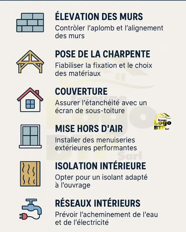 Infographie Groupe Logo BTP : élévation des murs, pose de la charpente, couverture, mise hors d'air, isolation et réseaux intérieurs